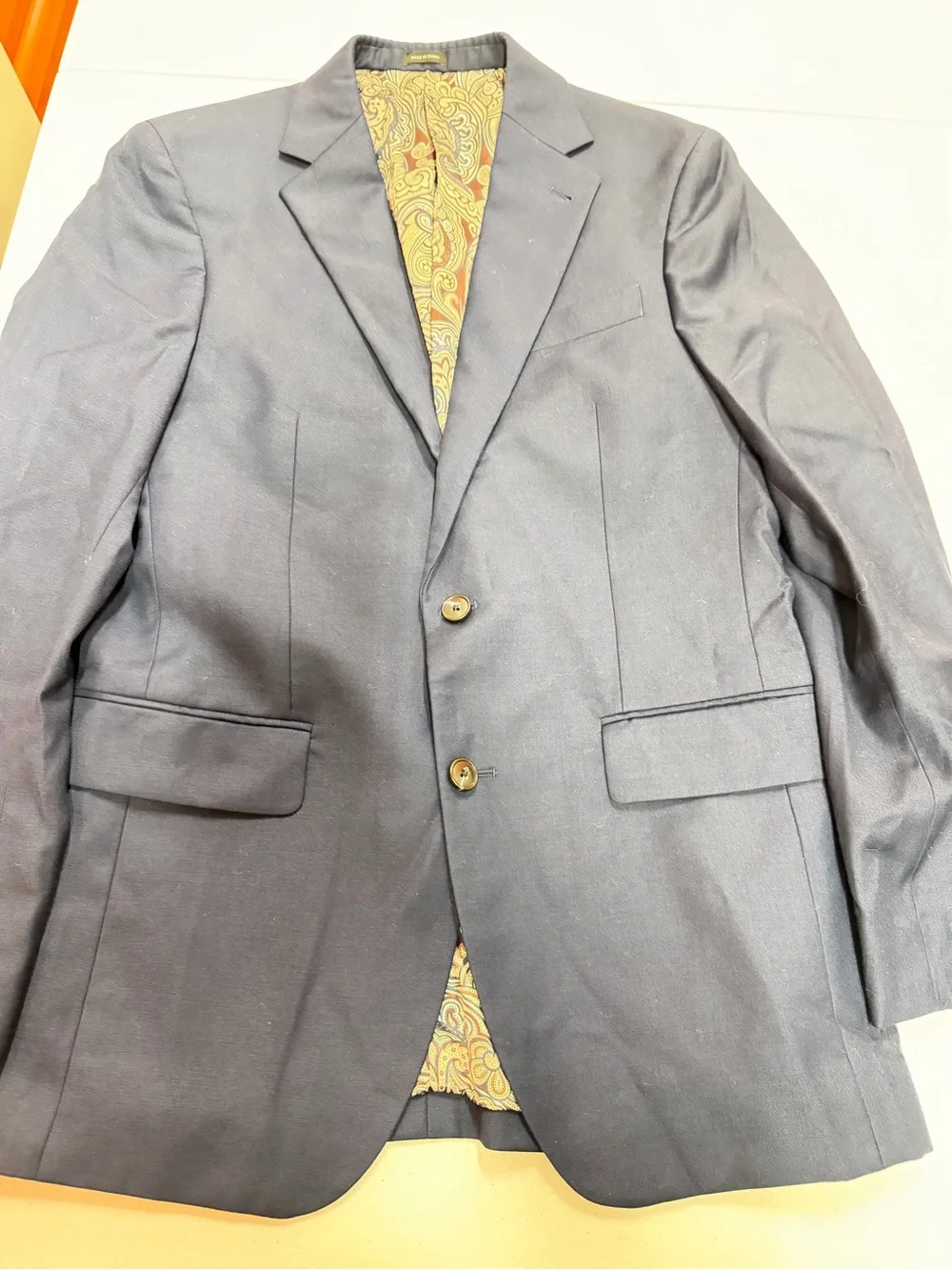 Joseph Abboud JOE 100% Wool Navy 2 Pc Suit 38R Jacket 32R Pants Paisley Lined